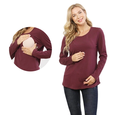 Dames Casual Katoen Lange Mouw Borstvoeding T-Shirt Ronde Hals Verborgen Rits Voedingsshirt Voor Zwangere Moeders
