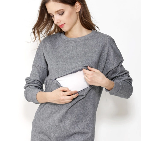 Dames Katoen Zwangerschap Voedingssweatshirt Lange Mouw Ronde Hals Voeding Top Met Verborgen Rits Casual Mode