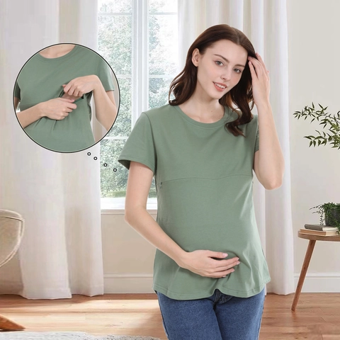 Cotton Maternity Nursing T-Shirt Women Casual Short Sleeve Breastfeeding Top With Hidden Zipper Round Neck Pregnancy Clothes