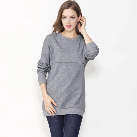 Dames Katoen Zwangerschap Voedingssweatshirt Lange Mouw Ronde Hals Voeding Top Met Verborgen Rits Casual Mode