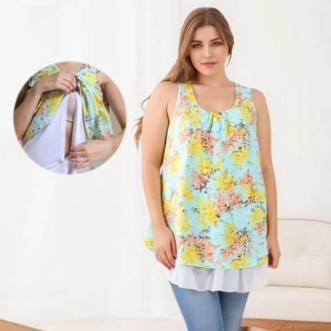 Mouwloze Chiffon Voedingstop Bloemenprint Ruffle Zoom Mock Two-Piece Modal Voering Borstvoeding Tanktop Voor Dames