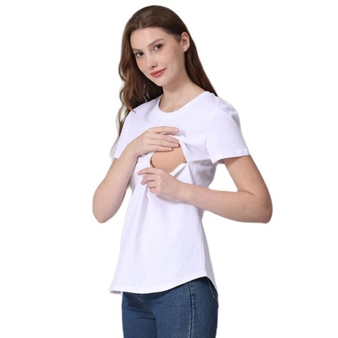 Women Casual Cotton Maternity Nursing T-Shirt Short Sleeve Round Neck Solid Color Top with Invisible Zipper Breastfeeding
