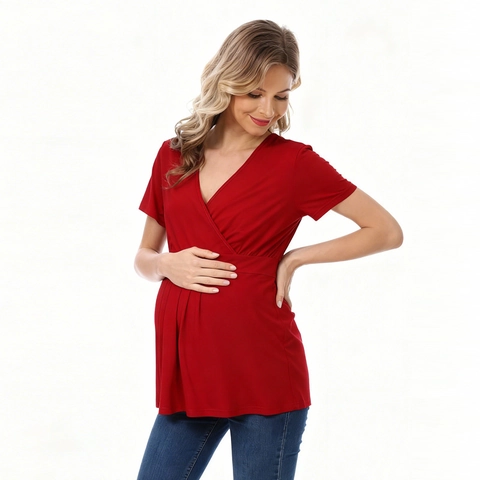 Top de Maternidad para Mujer Cuello en V Manga Corta Camiseta de Lactancia Color Sólido Cintura Plisada Embarazo Verano Túnica Talla Grande