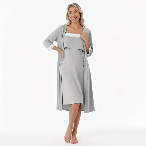 Dames Zwangerschaps Pyjama Set Modal Kant Nachtkleding Nachthemd Met Ochtendjas 2 Delige Set Borstvoeding Lounge Wear