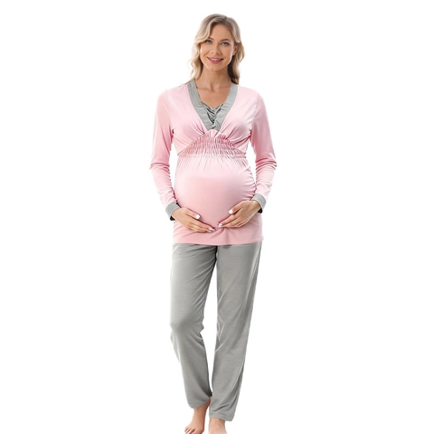 Umstandsmode Still-Pyjama Set Langarm Modal V-Ausschnitt Schwangerschaft Wochenbett Schlafanzug Lounge Set Damen Stillkleidung