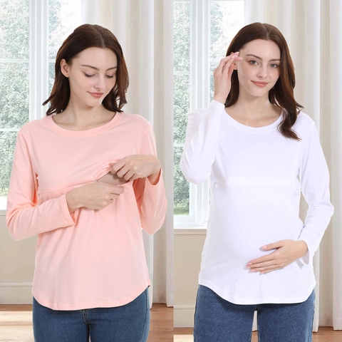 Maglia Allattamento Cotone Manica Lunga Premaman con Cerniera Nascosta Top Allattamento per Gravidanza Post Parto Casual Girocollo