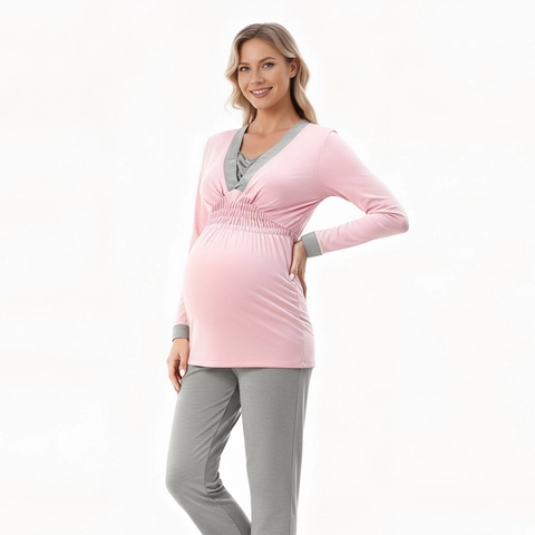 Umstandsmode Still-Pyjama Set Langarm Modal V-Ausschnitt Schwangerschaft Wochenbett Schlafanzug Lounge Set Damen Stillkleidung