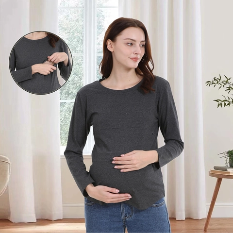 Maternity Nursing T-Shirt Long Sleeve Round Neck Combed Cotton Breastfeeding Top For Pregnant Women Solid Color Casual Clothing