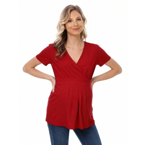 Top de Maternidad para Mujer Cuello en V Manga Corta Camiseta de Lactancia Color Sólido Cintura Plisada Embarazo Verano Túnica Talla Grande