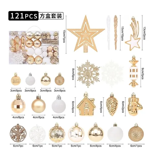 Collection d'Ornements de Noël Or Et Blanc Boules en Plastique Électroplaqué Étoile Cimier Pomme de Pin pour Décor