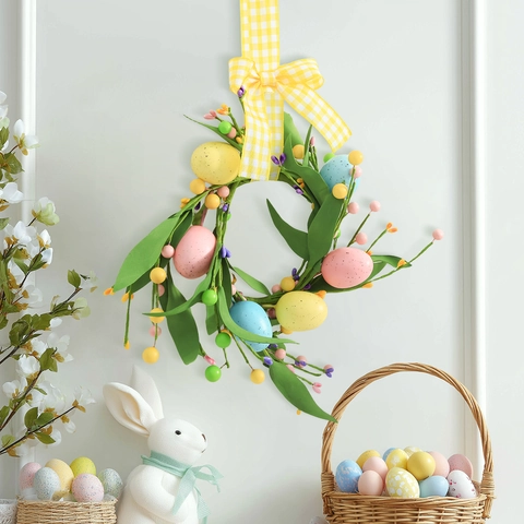 Easter Egg Berry Wreath Artificial Greenery Spring Home Decor Pastel Speckled Eggs With Bowknot Hanging Ornament For Wall Door Office