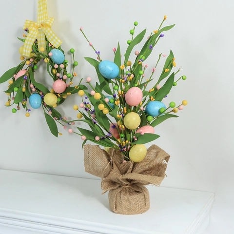 Arbre à Oeufs de Pâques Ornement de Table Avec Base en Toile de Jute Branches de Baies Décoration Printanière pour Maison Fête de Pâques