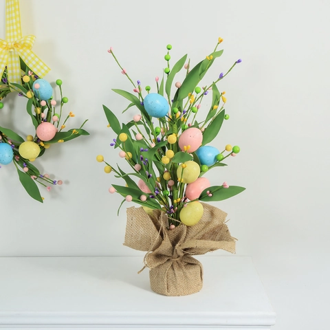 Arbre à Oeufs de Pâques Ornement de Table Avec Base en Toile de Jute Branches de Baies Décoration Printanière pour Maison Fête de Pâques