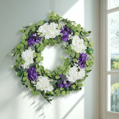 Corona di Fiori Artificiali Con Ortensia Bianca Viola Foglie di Eucalyptus per la Festa della Mamma Primavera Decorazione della Parete Domestica Ghirlanda