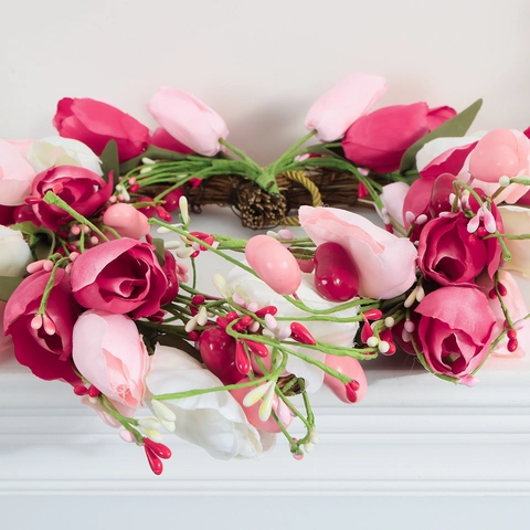 Herzförmiger Künstlicher Tulpenkranz Rosa Weiß Seidenblume Valentinstag Dekoration Für Zuhause Haustür Wandbehang