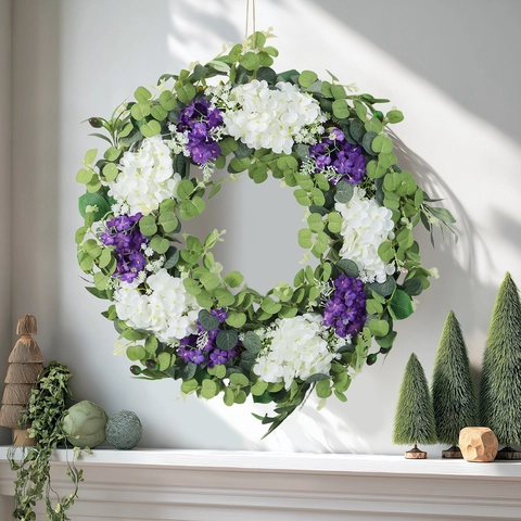 Corona di Fiori Artificiali Con Ortensia Bianca Viola Foglie di Eucalyptus per la Festa della Mamma Primavera Decorazione della Parete Domestica Ghirlanda