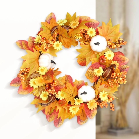 Ghirlanda del Ringraziamento Autunnale Foglia di Acero Artificiale Zucca Bianca Arancione Ghirlanda di Bacche Parete Casa