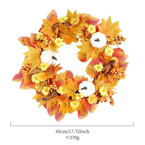 Ghirlanda del Ringraziamento Autunnale Foglia di Acero Artificiale Zucca Bianca Arancione Ghirlanda di Bacche Parete Casa
