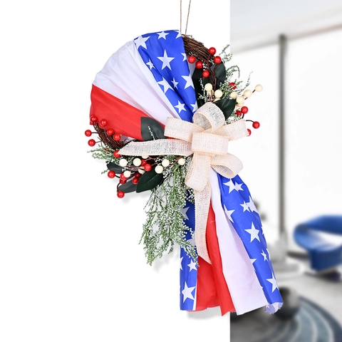 Corona Giorno Indipendenza USA Bandiera Americana Decorazione Porta Bacche Rosse Bianche Blu Fiocco di Juta Stelle Ornamento
