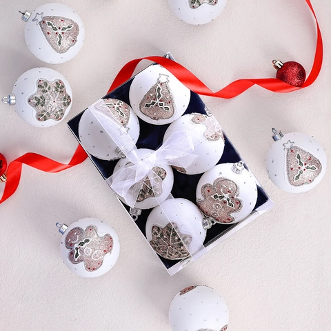 Palle di Natale Bianche Opache Dipinte a Mano con Motivi di Omino di Pan di Zenzero e Fiocchi di Neve Decorazioni Pendenti in Plastica per Albero