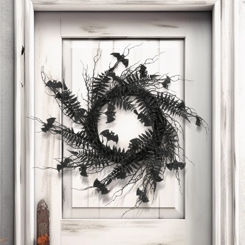 Ghirlanda di Halloween con Pipistrello Nero Rami Glitterati Artificiali Foglie di Felce Per Porta Interno Festa Gotica Casa