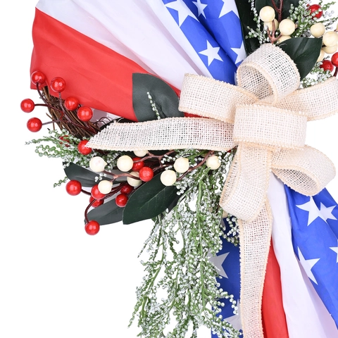 Corona Giorno Indipendenza USA Bandiera Americana Decorazione Porta Bacche Rosse Bianche Blu Fiocco di Juta Stelle Ornamento