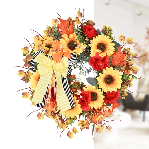 Ghirlanda del Ringraziamento Girasole Foglia di Acero Fiori Artificiali Ghirlanda Autunnale per Porta Decorazione da Appendere per Casa