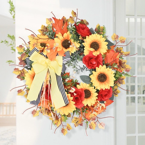 Autumn Wreath Sunflower Satin Cloth Harvest Festival Thanksgiving Front Door Decor Rustic Buffalo Plaid Bow Artificial