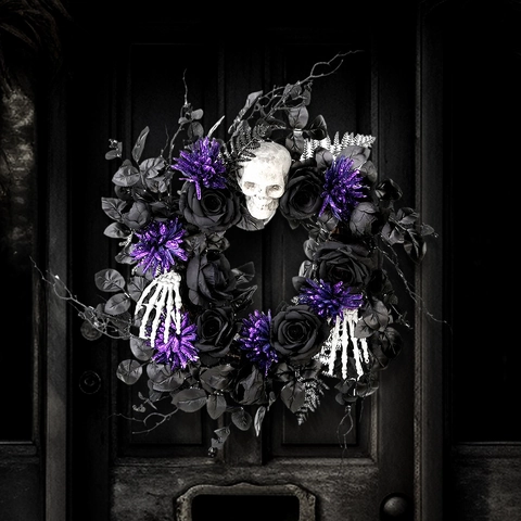 Ghirlanda Decorativa Gotica di Halloween Con Rose Artificiali Nere Teschio Glitter Viola e Mani di Scheletro per Porta