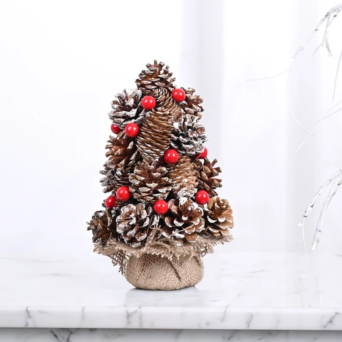 Mini Albero di Natale con Pigne Innevate Bacche Rosse e Base in Iuta Decorazione da Tavolo Fatta a Mano per Natale