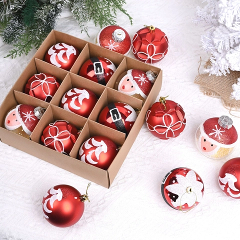 Ensemble de Boules de Noël Électroplaquées et Peintes Rouge Blanc Motif Père Noël Ornements Suspendus pour Décoration de Sapin de Noël Maison Festive