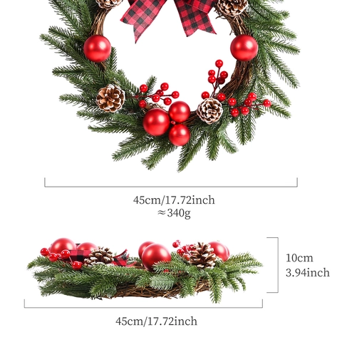 Grande Ghirlanda di Natale con Bacche Rosse Aghi di Pino Pigne Fiocco a Quadri Buffalo Verde Artificiale Decorazione da Appendere alla Porta d'Ingresso