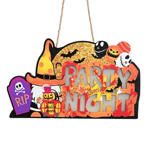 Letrero Colgante de Madera de Halloween con Gnomo Sin Rostro y Luces LED Party Night Calabaza Placa de Puerta Decoración de Pared