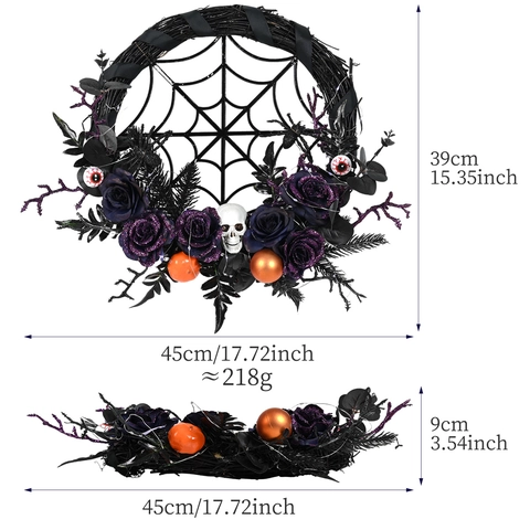 Gothic Halloween Kranz Mit Lila LED Lichter Spinnennetz Totenkopf Künstliche Rosen Für Haustür Party Heim Wand Dekoration