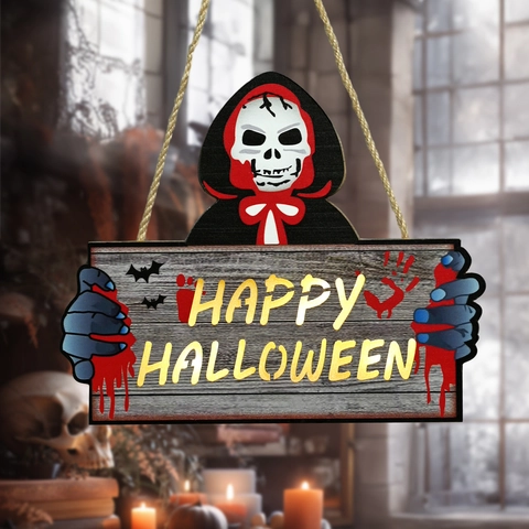 Cartello Appeso in Legno di Halloween Teschio Triste Mietitore Happy Halloween Casa Fantasma Horror Festa Muro Con Luce LED