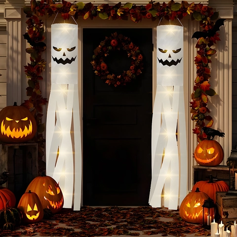 Manica a Vento Fantasma Luminosa di Halloween Bandiera in Tessuto Appesa Bianca Decorazione per Esterni con Luce a Led