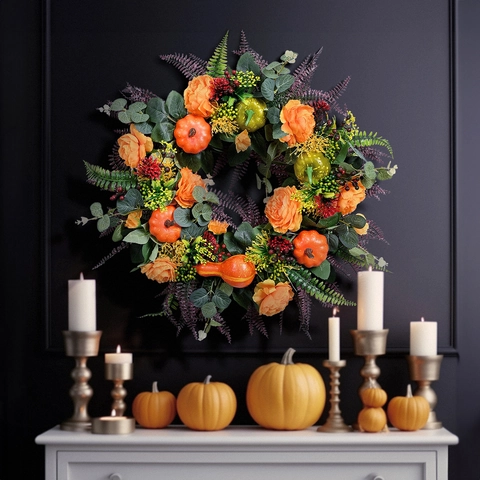 Ghirlanda del Raccolto Autunnale Zucca Artificiale Rosa Bacche per Porta D'ingresso Ringraziamento Halloween Decorativa