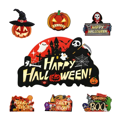 Cartel Colgante de Madera LED para Halloween Decoración de Puerta Luminosa Calabaza Segador Momia Fiesta Placa de Pared Hogar