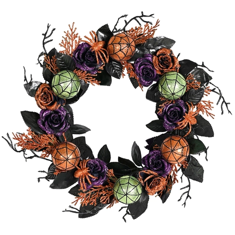 Ghirlanda Floreale Artificiale di Halloween Con Decori di Rose Glitterate Ragnatela Base di Vite in Legno Nero per Porta Muro