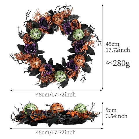 Ghirlanda Floreale Artificiale di Halloween Con Decori di Rose Glitterate Ragnatela Base di Vite in Legno Nero per Porta Muro