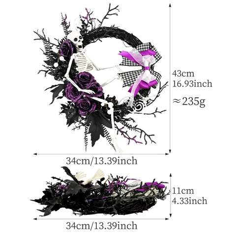 Ghirlanda Gotica di Halloween Con Scheletro Bianco Rose Viola e Fiocco Pied de Poule Viola Nero Bianco Decorazione Sospesa