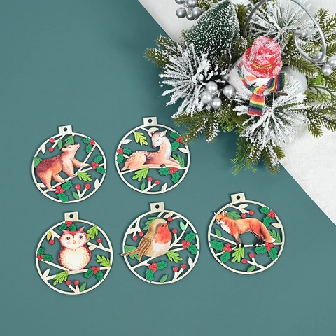 Ornamenti da Appendere in Legno Animali di Natale Targa Rotonda in Legno Cervo Gufo Volpe Orso Uccello Modello Decorazione Porta