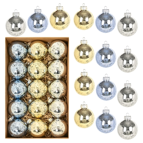 Set di 15 Palle di Natale Infrangibili in Plastica Effetto Vetro Mercurio Ornamenti Picchiettati Oro Argento Blu Decorazioni