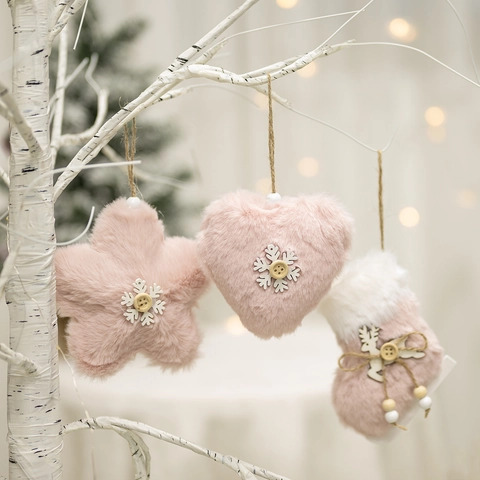 Cute Plush Christmas Angel Hanging Ornaments White Pink Heart Star Tree Shape Plush Fabric Xmas Tree Decoration For Holiday Home Party Gift
