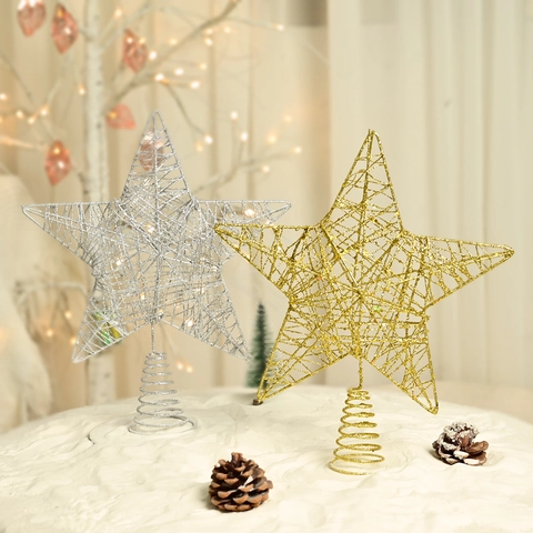 Puntale per Albero di Natale a Stella in Ferro Glitterato Stella a Cinque Punte in Metallo Cavo Con Base a Spirale