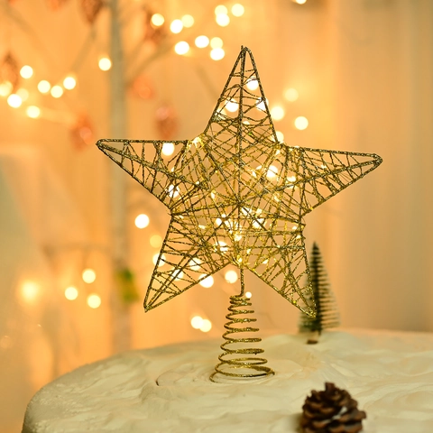 Puntale per Albero di Natale a Stella in Ferro Glitterato Stella a Cinque Punte in Metallo Cavo Con Base a Spirale