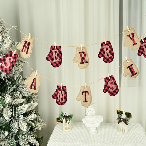 Rustic Christmas Burlap Banner Buffalo Plaid Merry Christmas Hanging Flags Linen Cotton Holiday Party Wall Decoration Banner