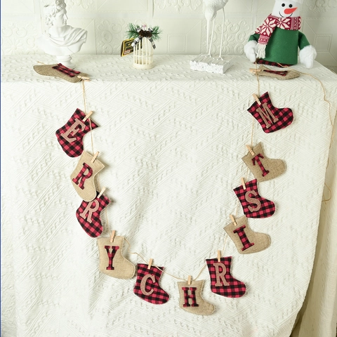 Rustic Christmas Burlap Banner Buffalo Plaid Merry Christmas Hanging Flags Linen Cotton Holiday Party Wall Decoration Banner