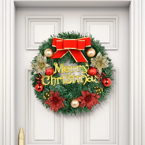 Ghirlanda di Natale Artificiale 30cm Aghi di Pino Verdi Fiocco Rosso Palline Oro Scritta Merry Christmas Decorazione Porta