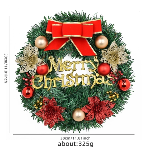 Ghirlanda di Natale Artificiale 30cm Aghi di Pino Verdi Fiocco Rosso Palline Oro Scritta Merry Christmas Decorazione Porta